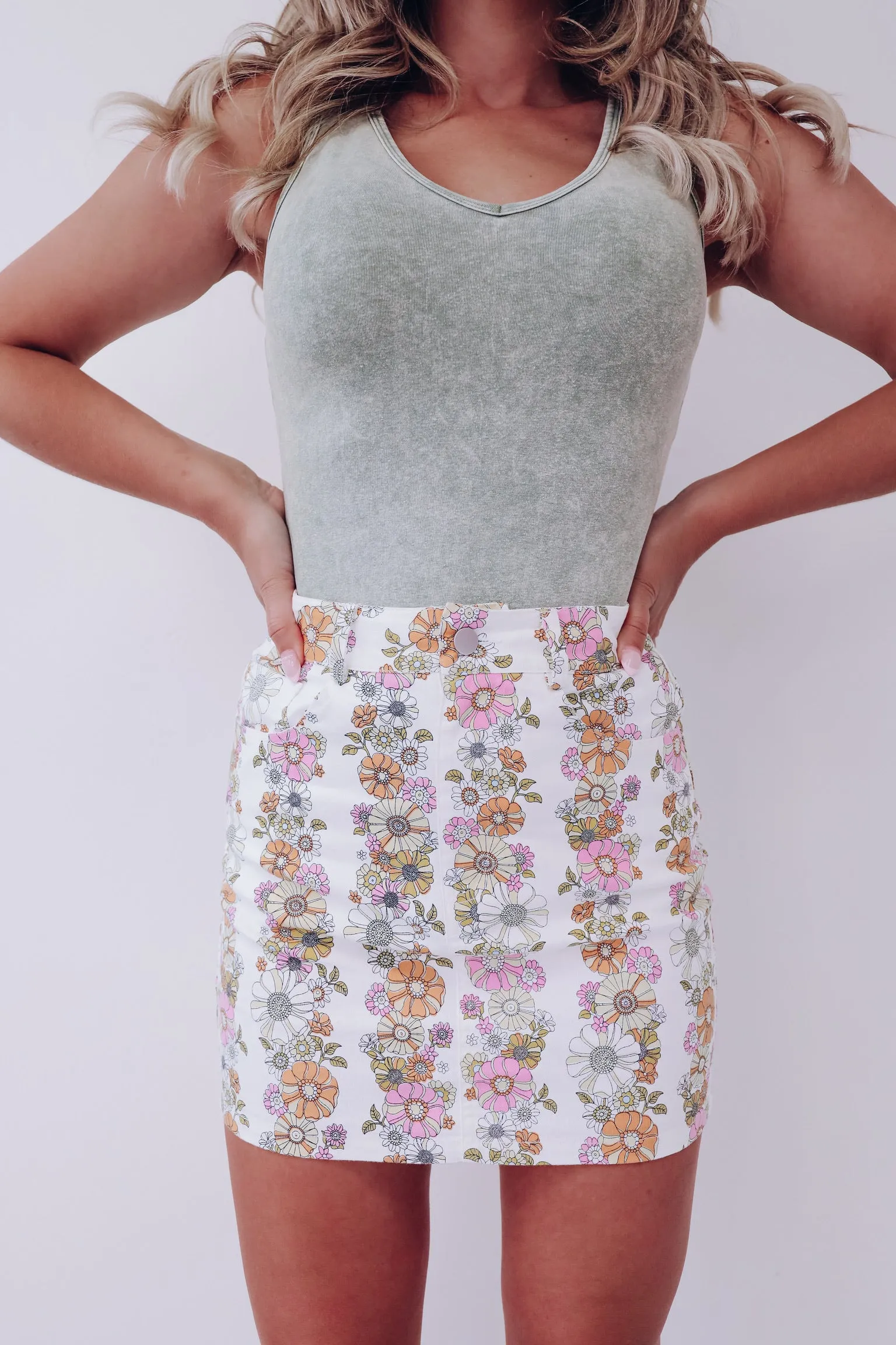 Rhythmic Floral Denim Skirt - Ivory Multi